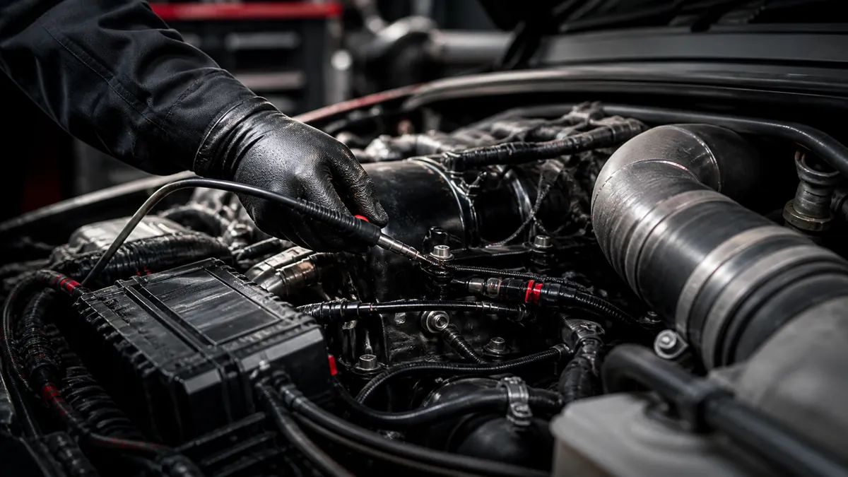 Technician probing a heavy-duty diesel engine for diagnostics