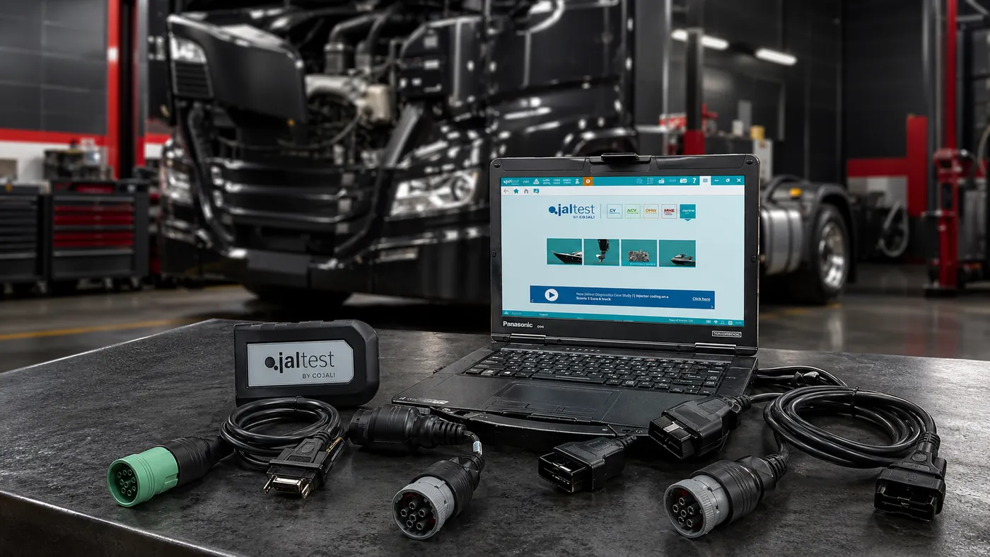 Jaltest diagnostic kit and Toughbook on a workbench in a heavy-duty truck shop