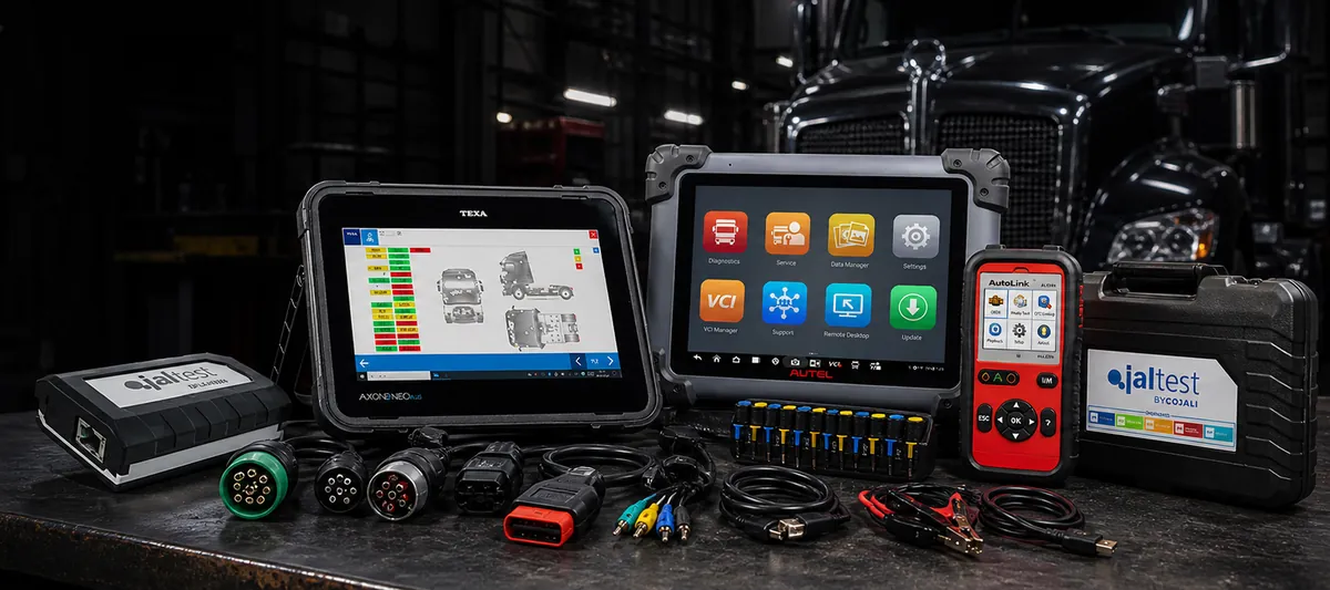 Mixed-brand diagnostic kit lineup on a shop bench